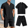 Men's loose-fit linen blend shorts suit in light blue for summer, showing short-sleeve shirt and matching shorts.