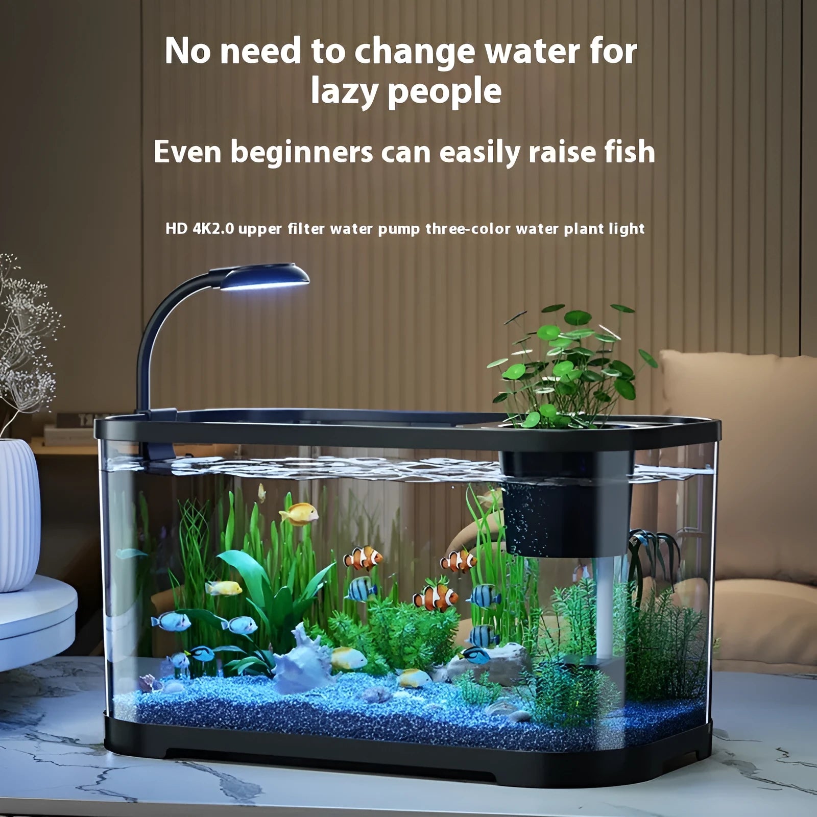 Desktop smart fish tank with integrated ecological filter system in luxury white finish