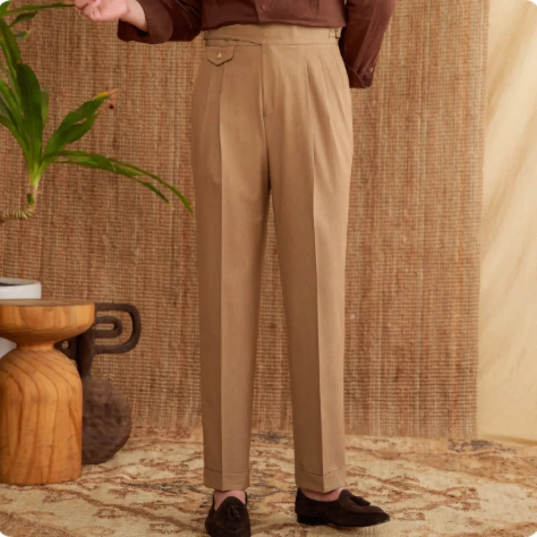 Men's slim fit straight leg business trousers in dark grey, light brown and light apricot colours