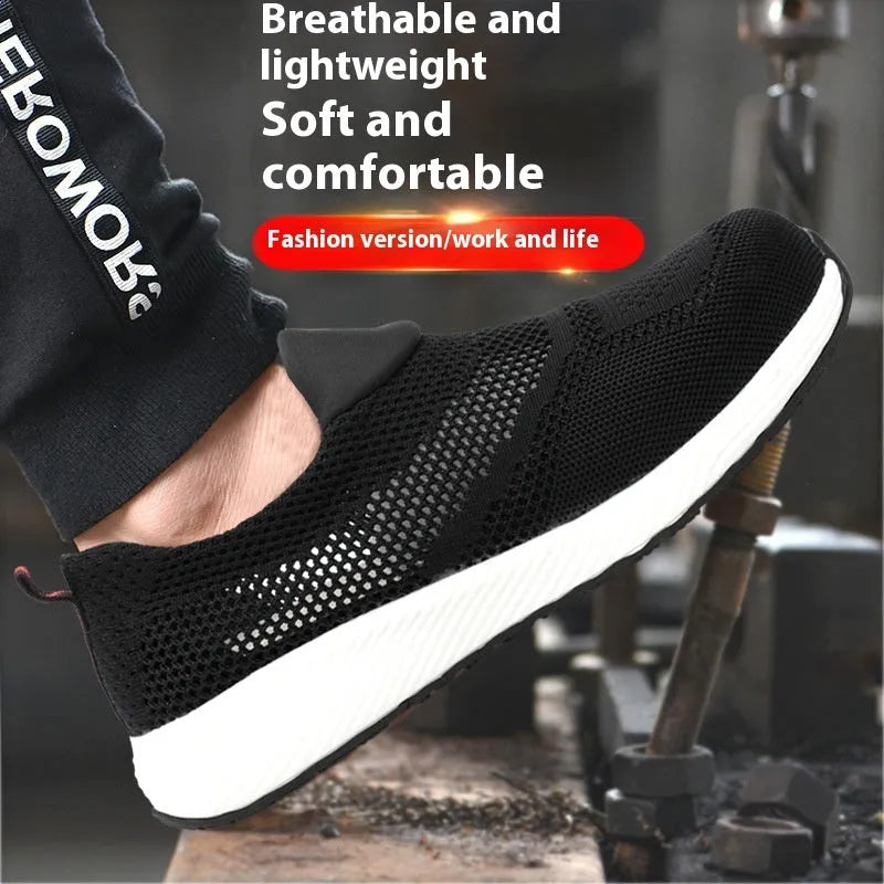 Men's lightweight black steel toe work safety shoes with mesh upper and anti-puncture sole