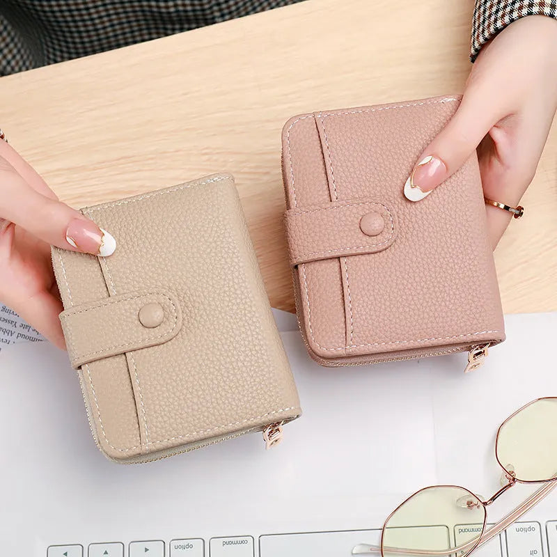 Ladies' short wallet with lychee pattern in beige, pink, black, and red colour options