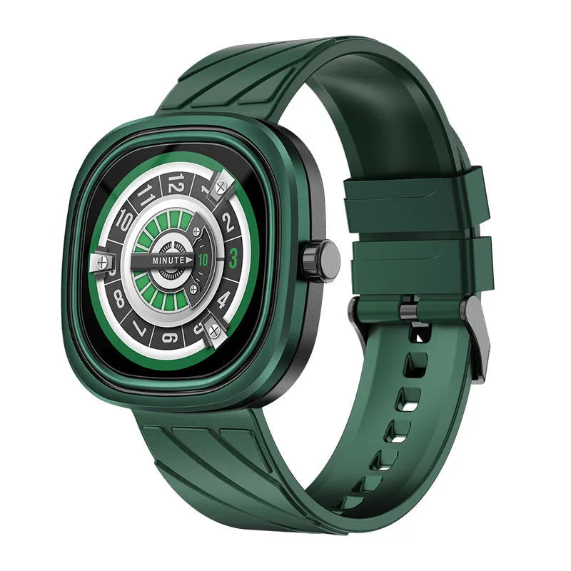 Black smartwatch sports bracelet with a square 1.32-inch colour screen on a silicone wristband.
