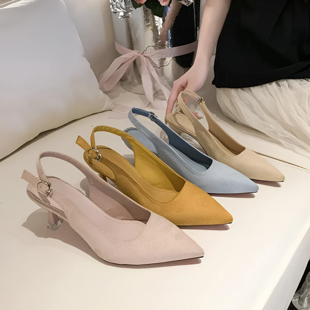 Women's suede stiletto high heels with pointed toe in apricot colour