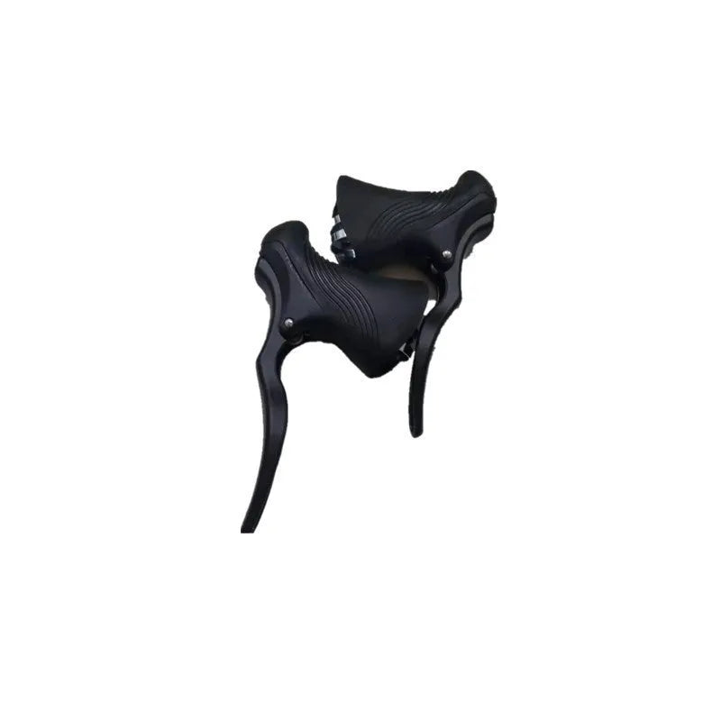 Pair of aluminium alloy road bicycle brake handles in black and black silver finishes.