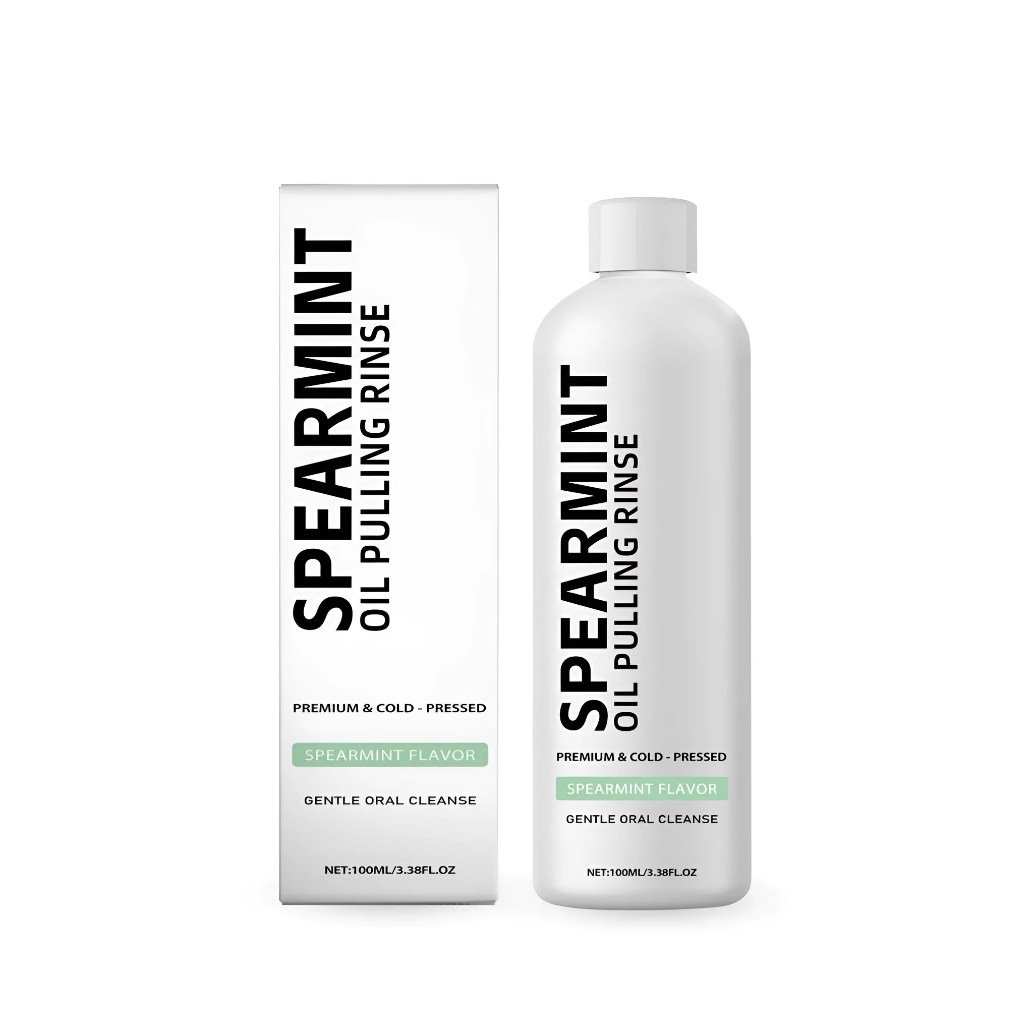 100ml bottle of spearmint oil pulling mouthwash rinse with natural peppermint and clove oil ingredients