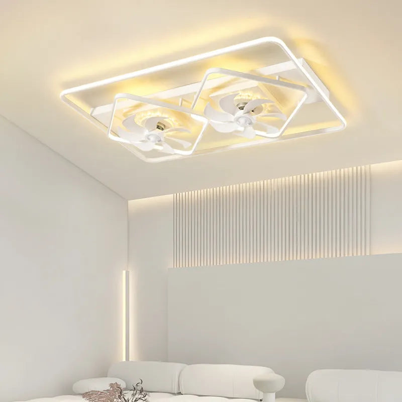 Modern style white ceiling fan with light, plastic blades and acrylic shade, shown mounted on a ceiling.