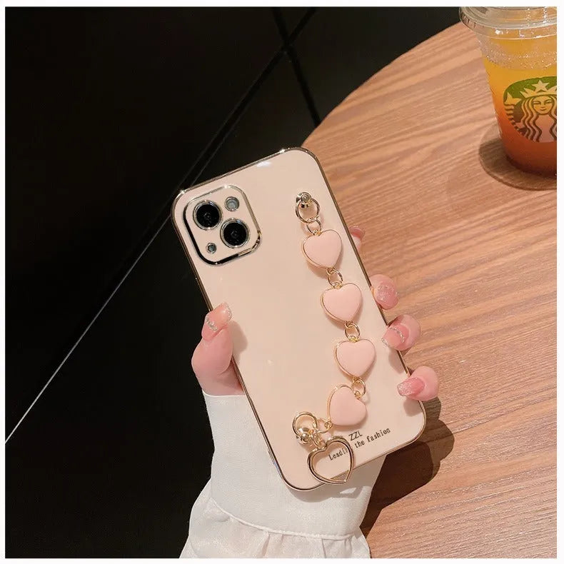 Soft silicone phone case for iPhone with rhinestone electroplate design and lanyard chain for shockproof protection