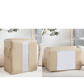 Non-woven handbag-style storage organiser for quilts and clothes in a beige colour.