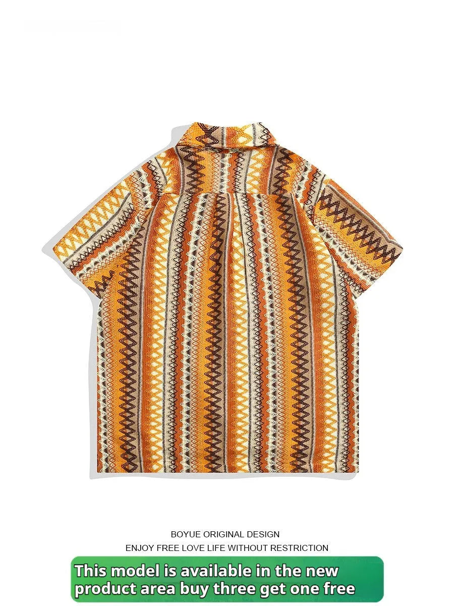 Ethnic style woven Cuban collar shirt with colour contrast and drop-shoulder sleeves