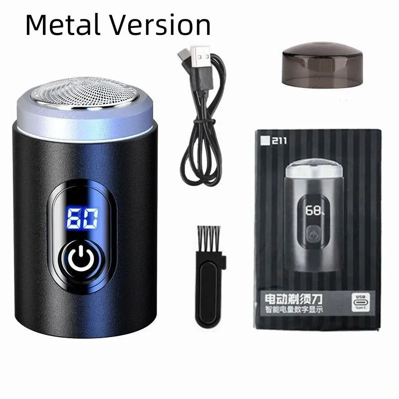 Black portable rechargeable shaver with USB charging cable and cleaning brush on a white background.