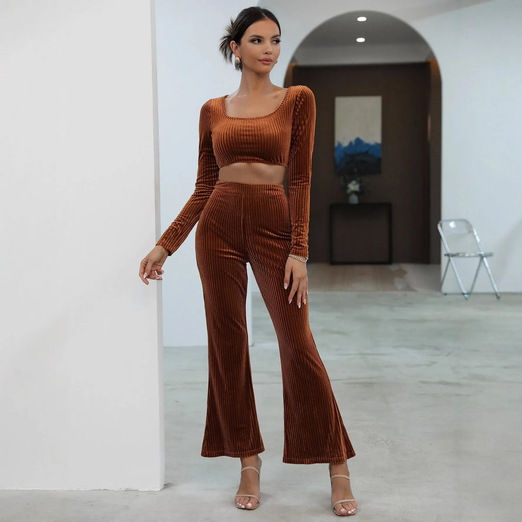 Caramel coloured long sleeve sweater and trousers set shown together