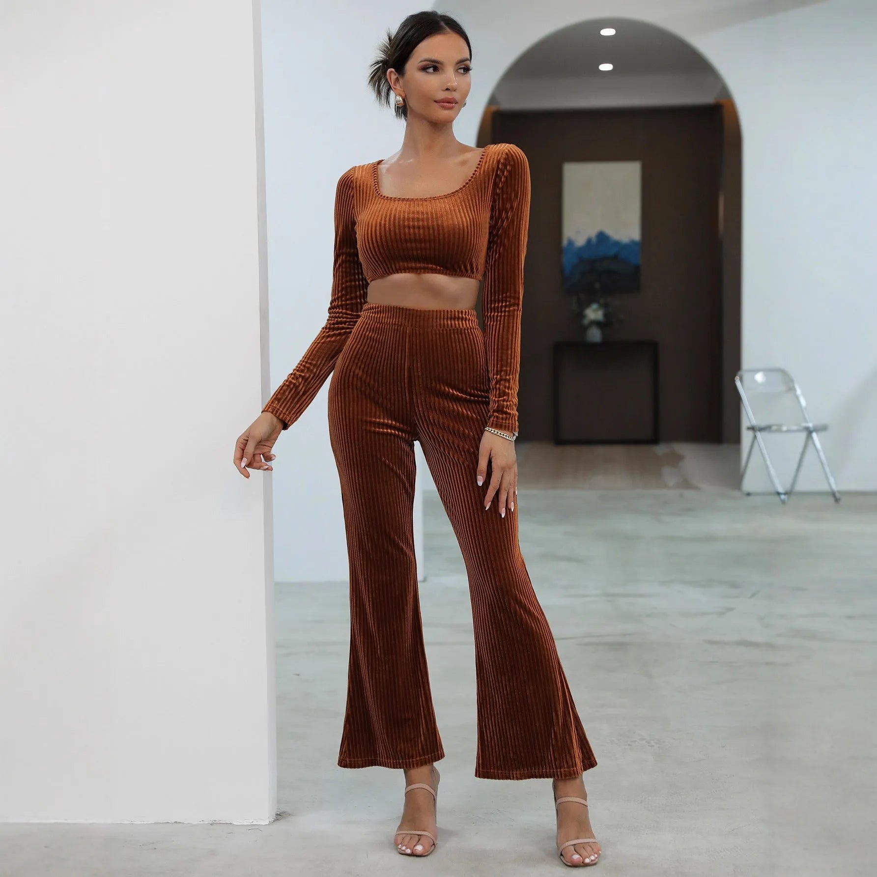 Caramel coloured long sleeve sweater and trousers set shown together