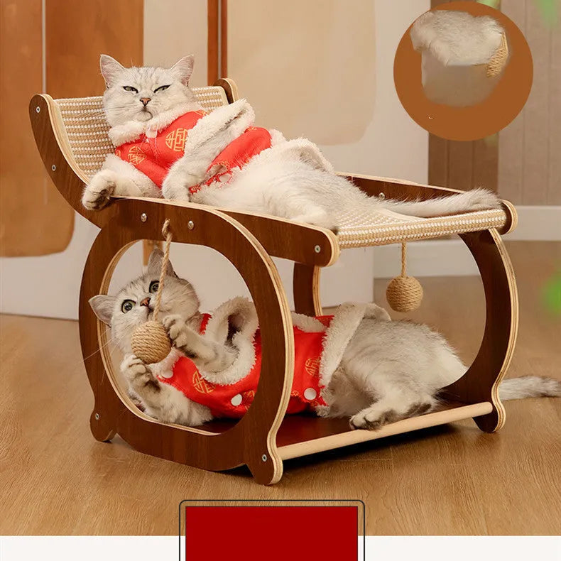 Solid wood sisal cat scratching mat and bed in walnut colour on wooden floor
