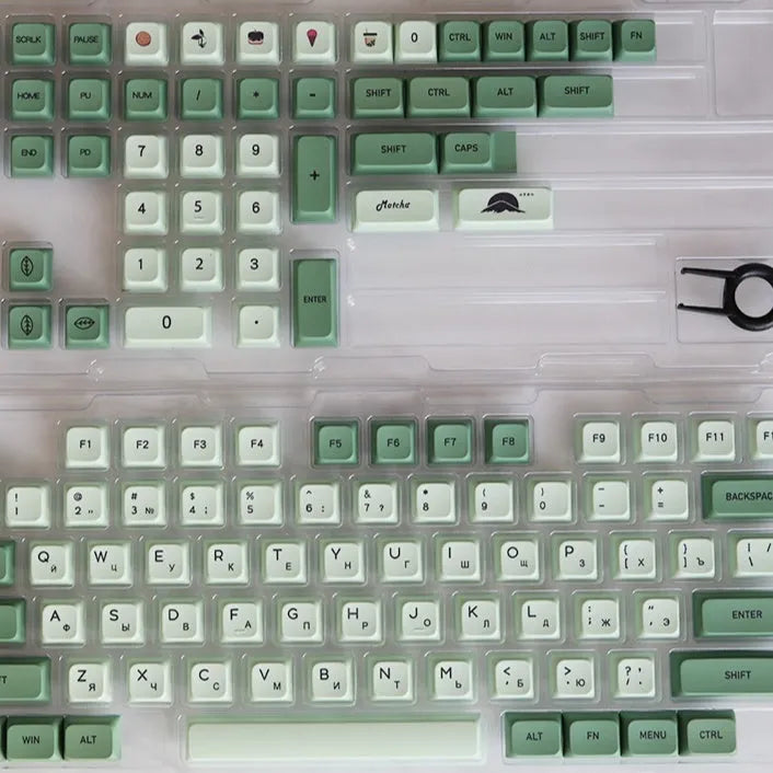 124 Key Matcha green and beige PBT keycap set for mechanical keyboards, showing multiple language layout options.