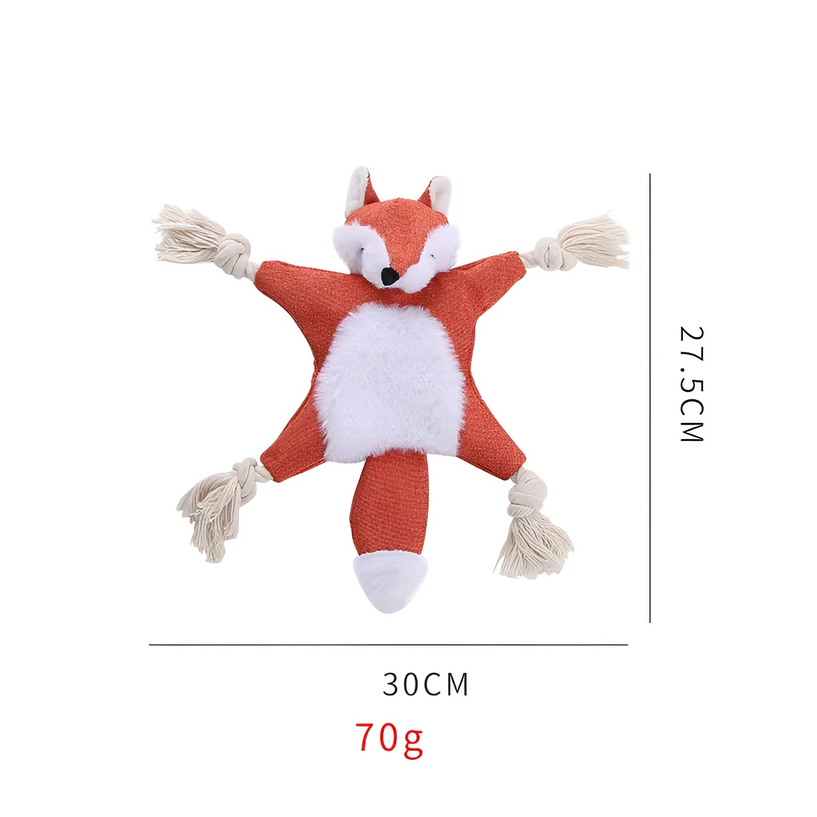 Brown plush fox dog toy with embroidered eyes, rope in limbs, for puppies and small dogs