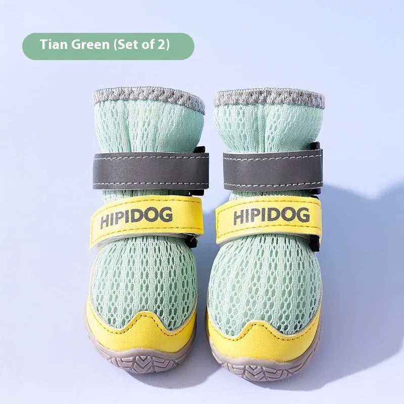 Cartoon style dog shoes in Bondi Blue and Dean Green colours with anti-scald summer protection