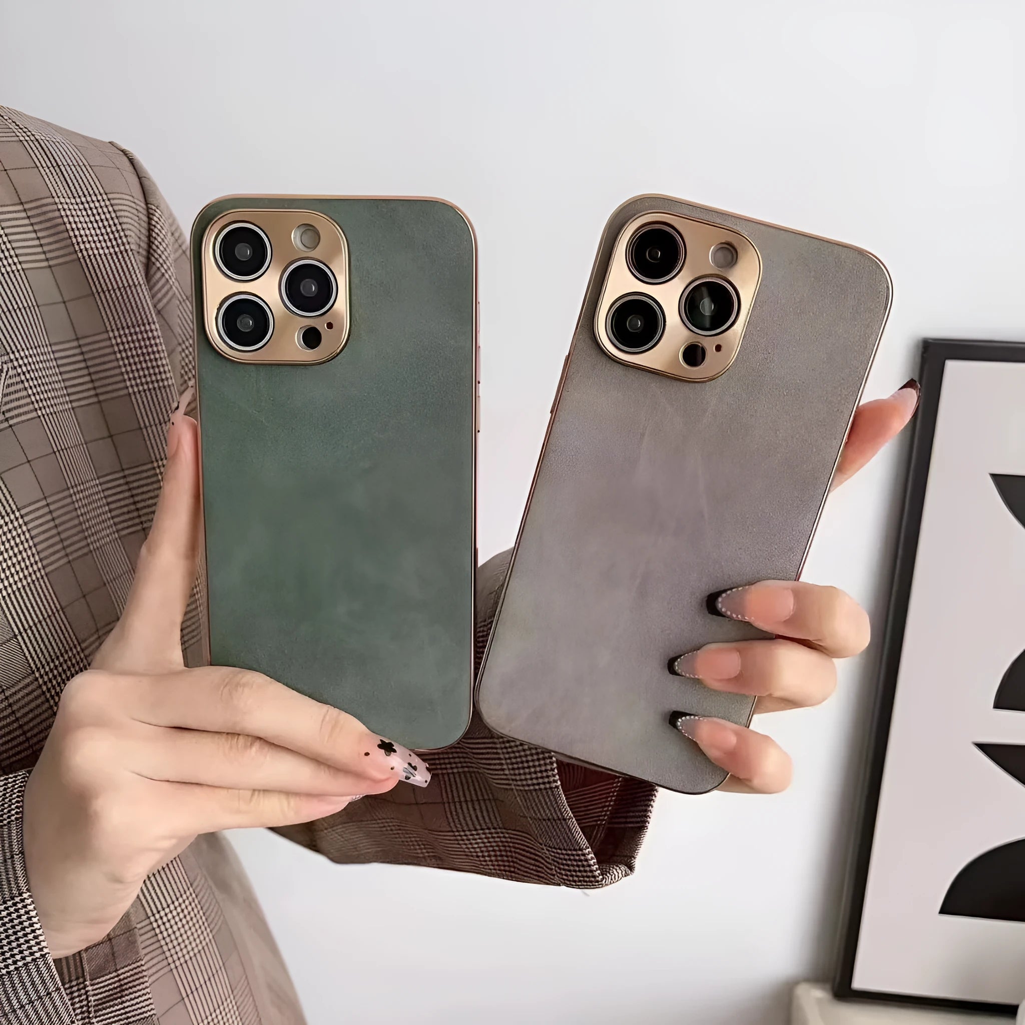 Leather texture iPhone case in grey showing TPU construction and solid colour finish