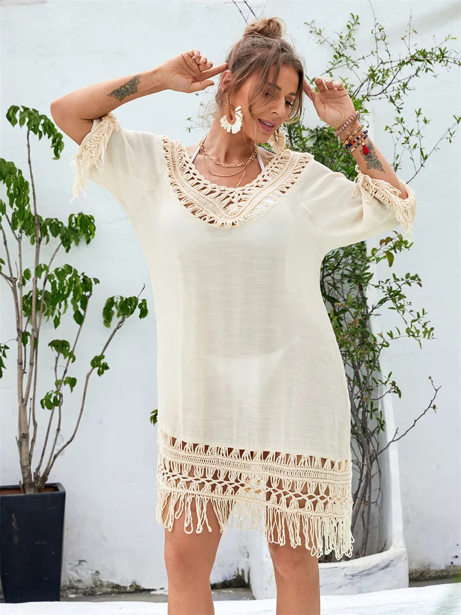 Apricot-coloured hand-crocheted women's beach dress for swimming, shown as a free-size garment.