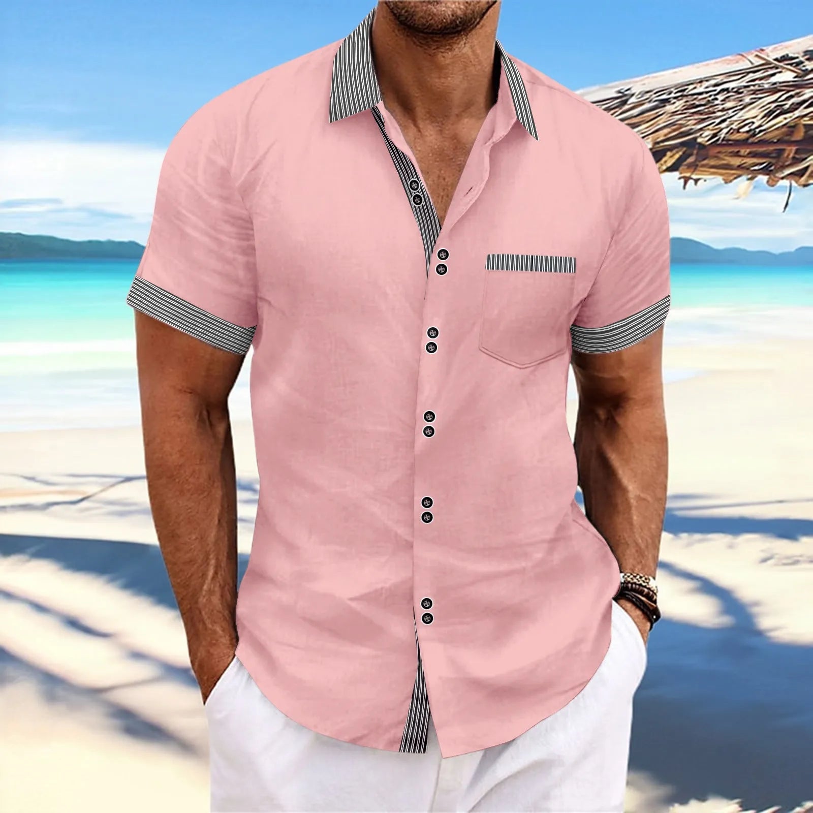 Men's slim fit striped casual shirt in pure cotton with double button short sleeves.