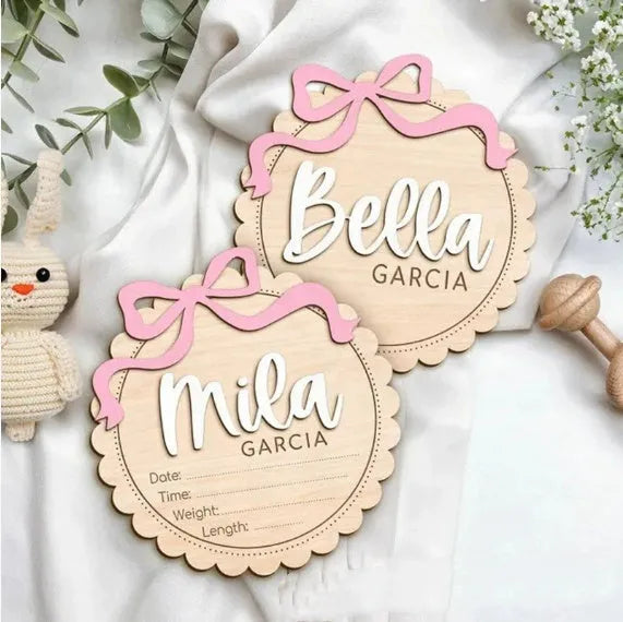 Square wooden baby room ornament customised with a name in two size options