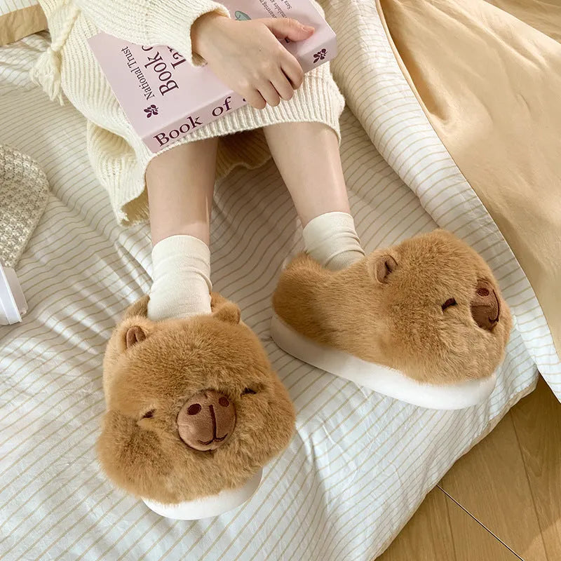 Light brown women's winter plush slippers with artificial wool lining in UK sizes 36-41