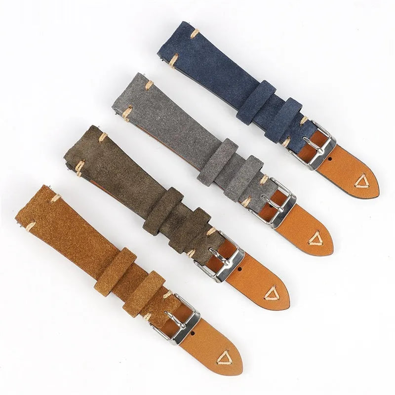 Genuine suede leather watch strap in four colour options for 20mm or 22mm watches