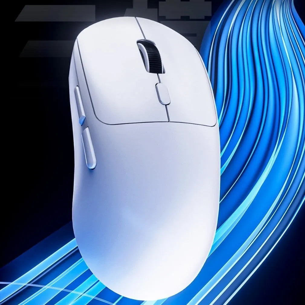 Three-mode wireless mouse in gradient grey white with self-charging USB port and quiet buttons
