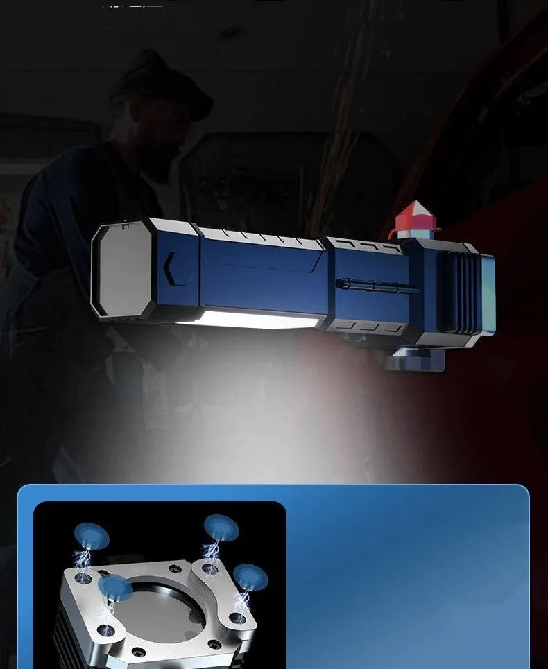 Silver portable LED flashlight with power bank function for outdoor use.