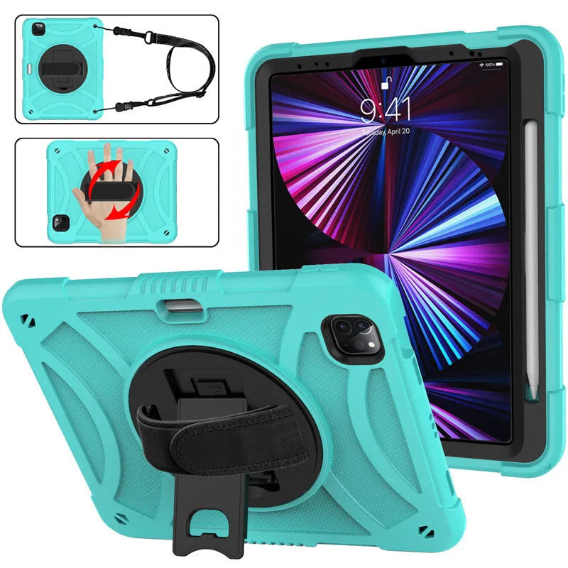 Rotating bracket strap silicone protective case for iPad in rose gold colour, showing the integrated stand.