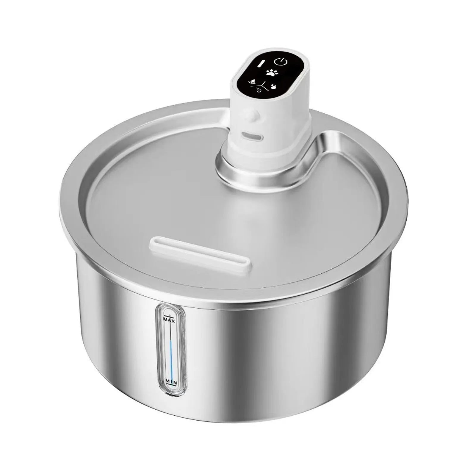 White stainless steel heated water fountain for cats and dogs on a counter
