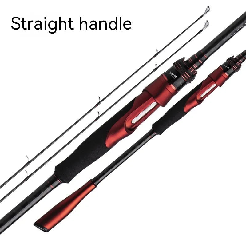 Carbon fishing rod with choice of pikestaff or straight handle in ultralight cross carbon cloth construction.