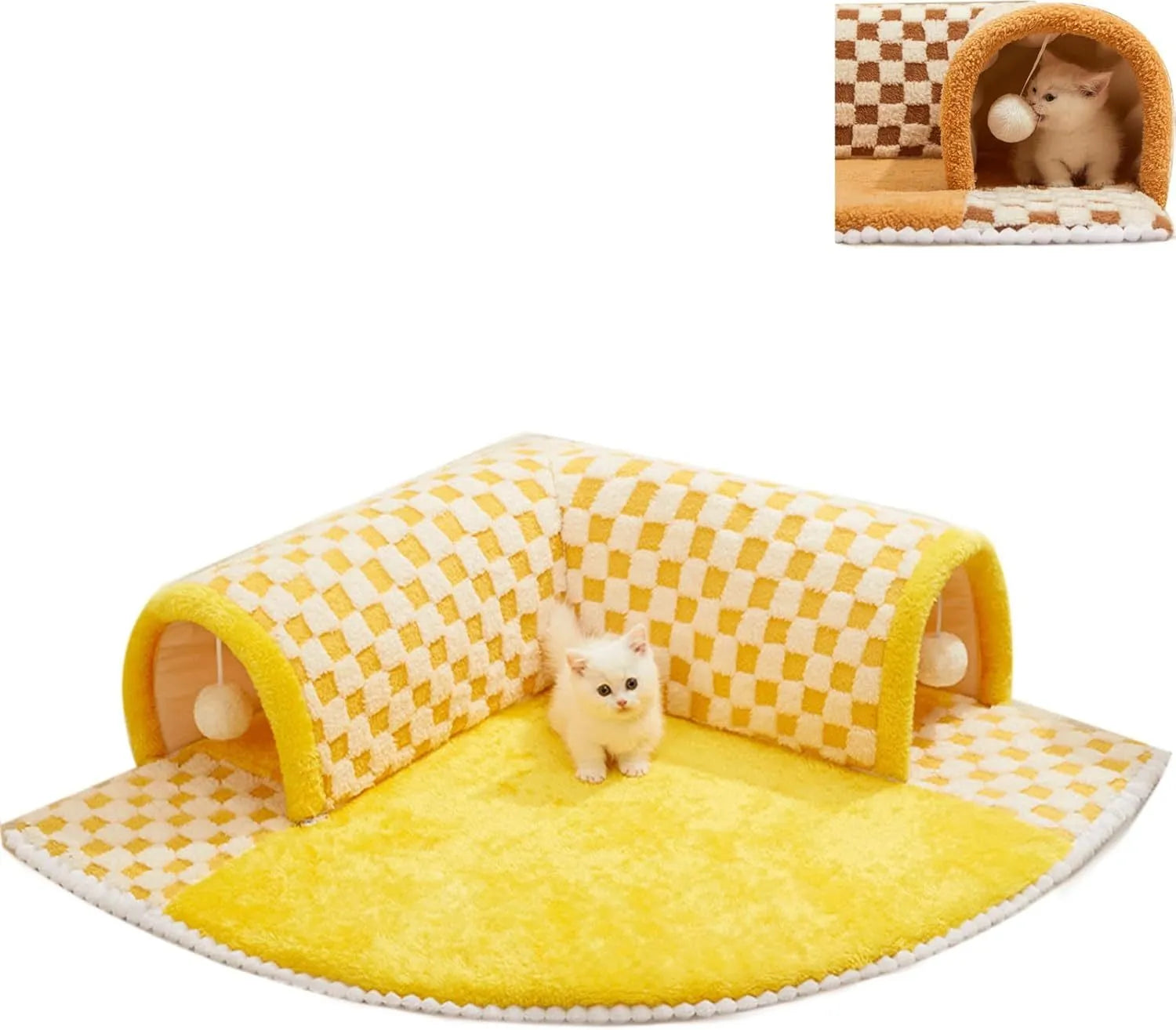 Brown plaid cat tunnel bed with central mat showing non-slip bottom and zipper closure