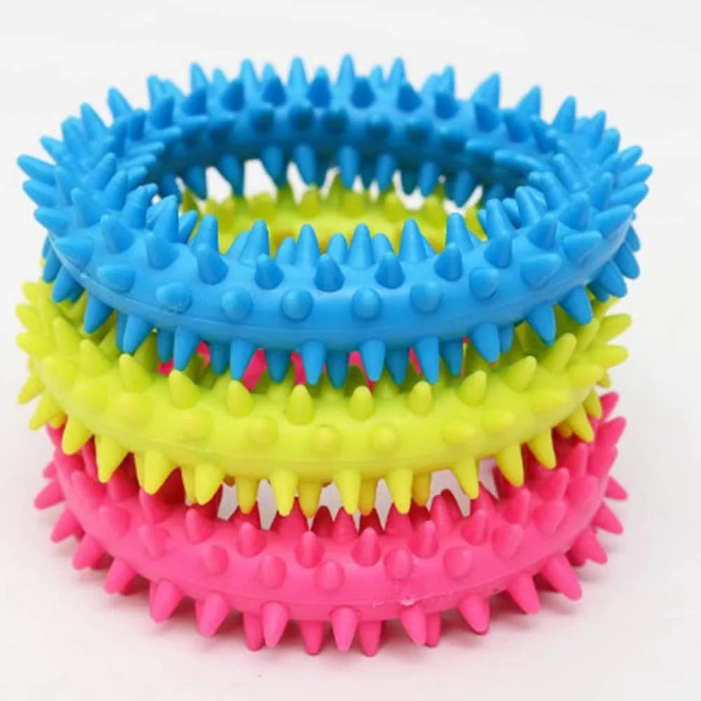 Blue TPR spiky circle ring dog chew toy for dental cleaning and bite training.