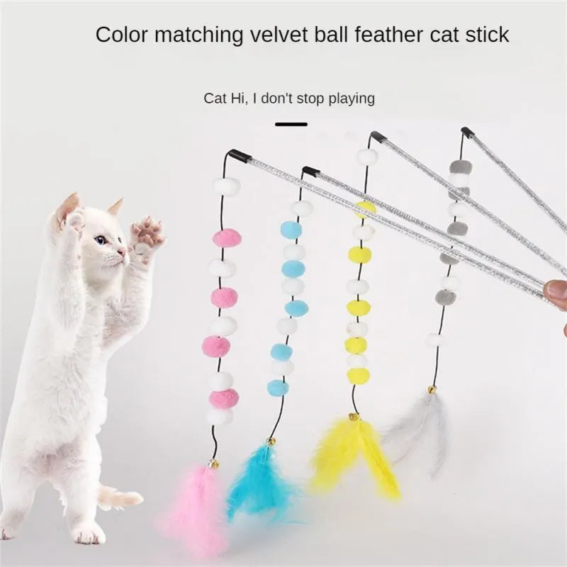31cm long cat teaser interactive toy rod with feather, pompon, and bell attachments