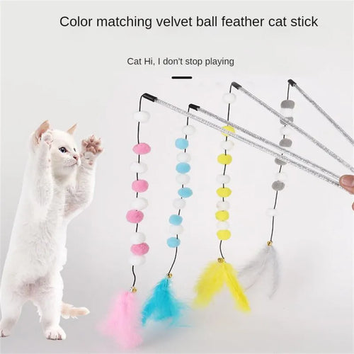 31cm long cat teaser interactive toy rod with feather, pompon, and bell attachments