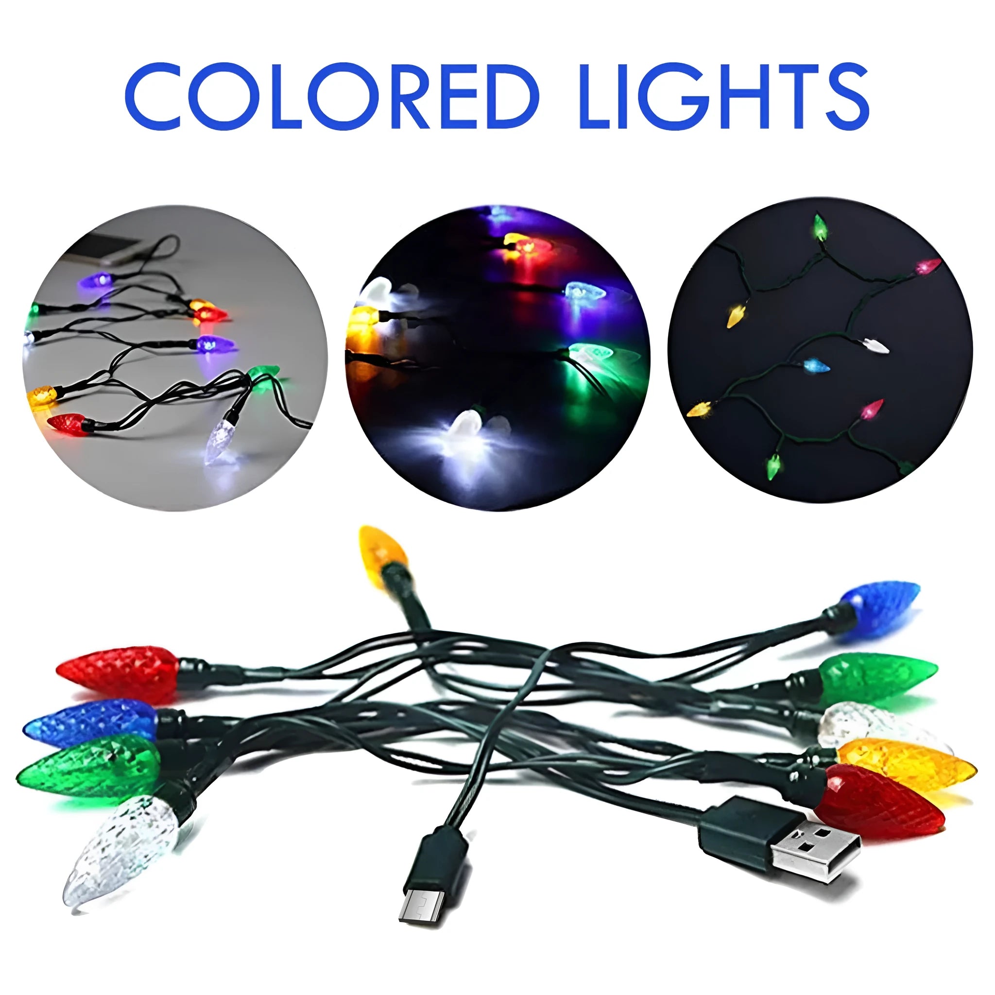 Green USB charging cable with 10 integrated LED Christmas lights flashing, compatible with iOS and Android devices