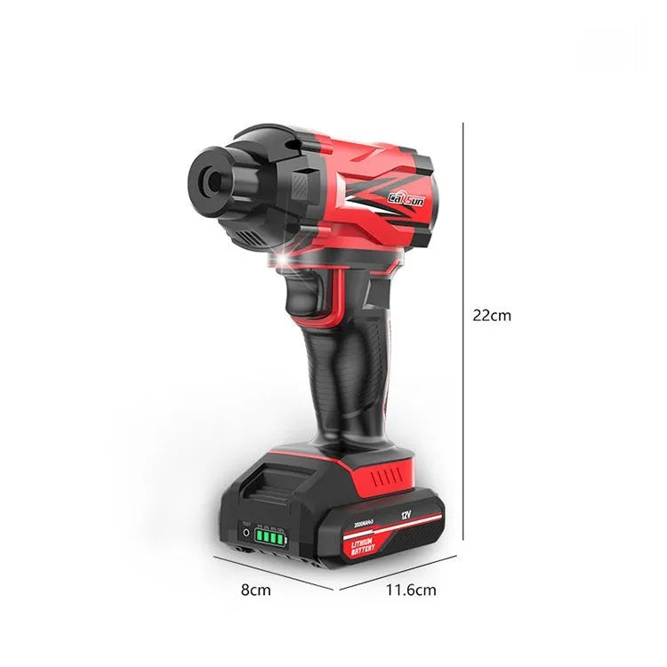 Red and black car wireless air pump with nozzles and power cables for tyre inflation