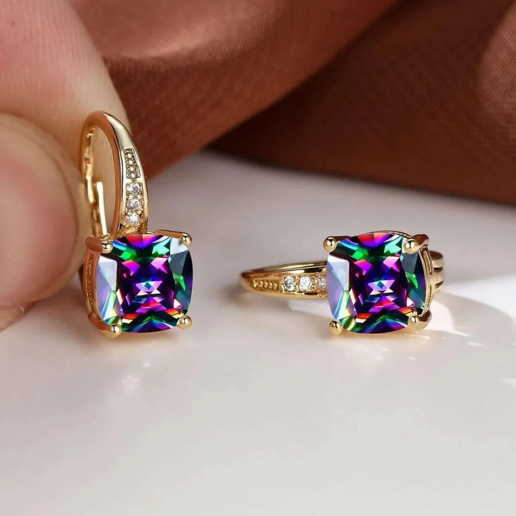 Square geometric ear clip earrings with colourful moissanite inlays and electroplated gold finish