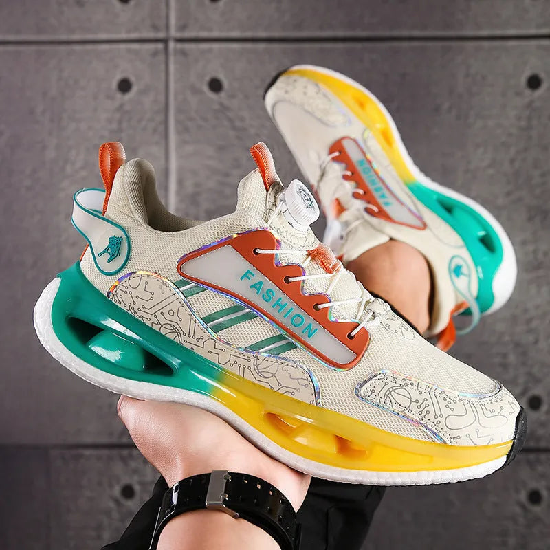 Men's low-top mesh running shoes in beige orange, black, or white gray with elastic band and Popcorn TPU sole.