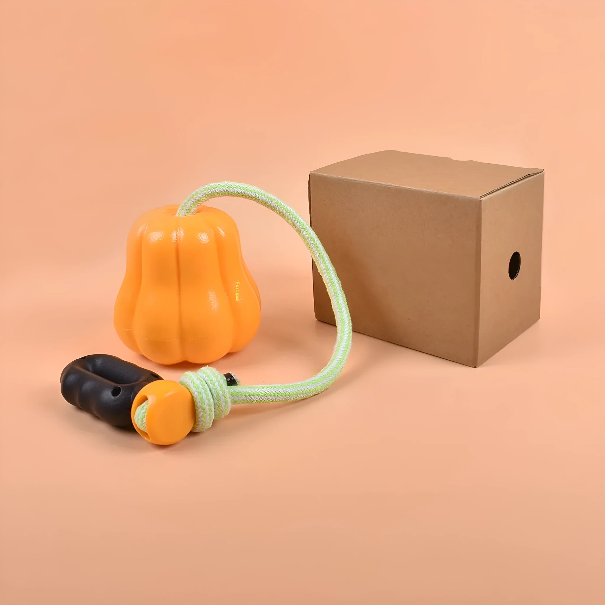 Orange plastic pumpkin dog toy with rope attachment for chewing and throwing games