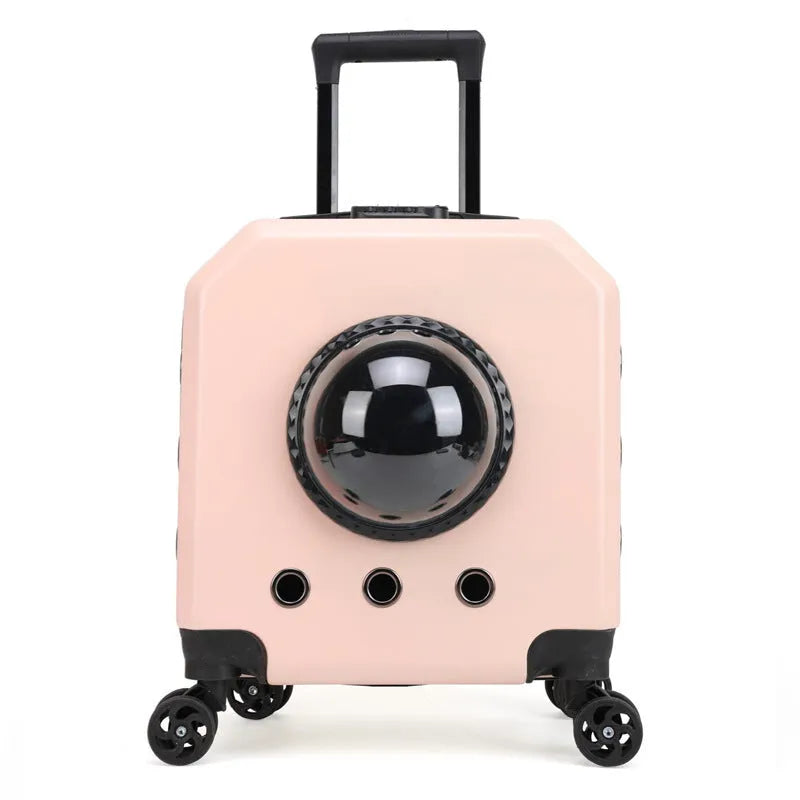 PVC hard shell cat flight trolley carrier in a choice of pink, burgundy, white, or orange