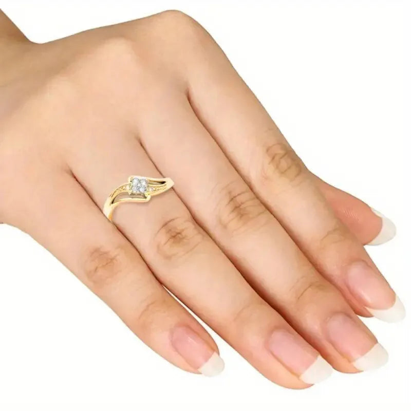 Women's copper diamond ring with micro inlaid zircon decoration in yellow gold colour showing geometric design
