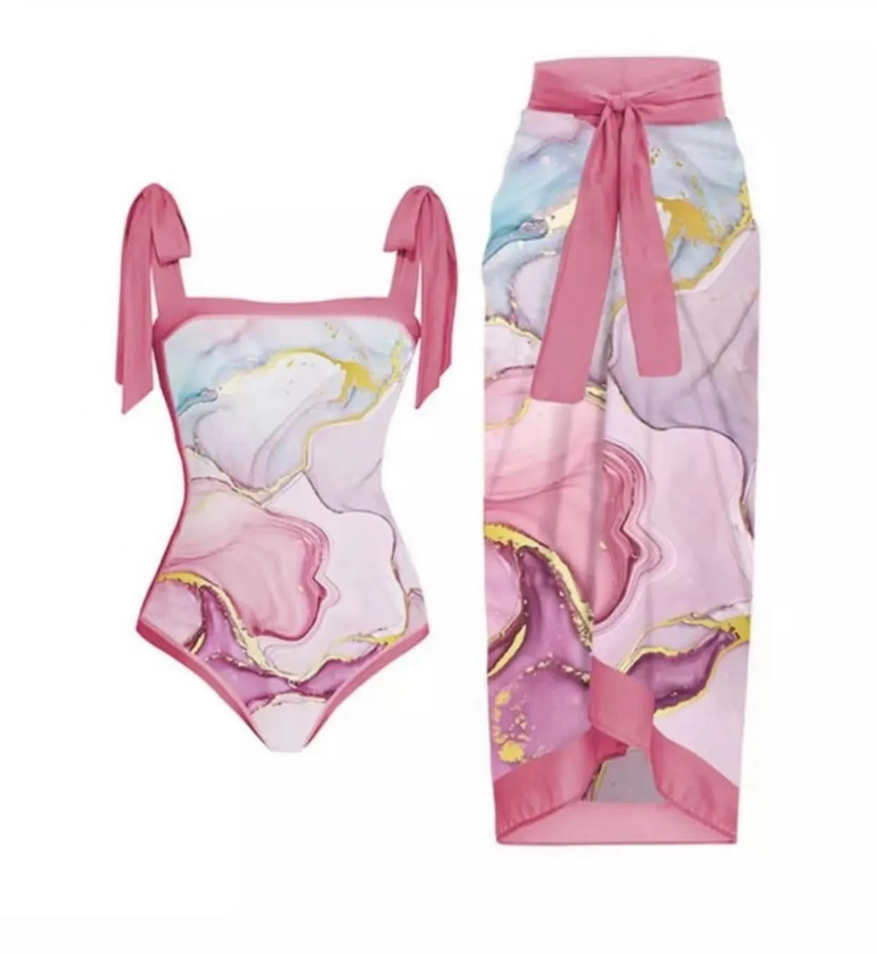 Women's yellow one-piece swimsuit with floral pattern and matching white chiffon skirt.
