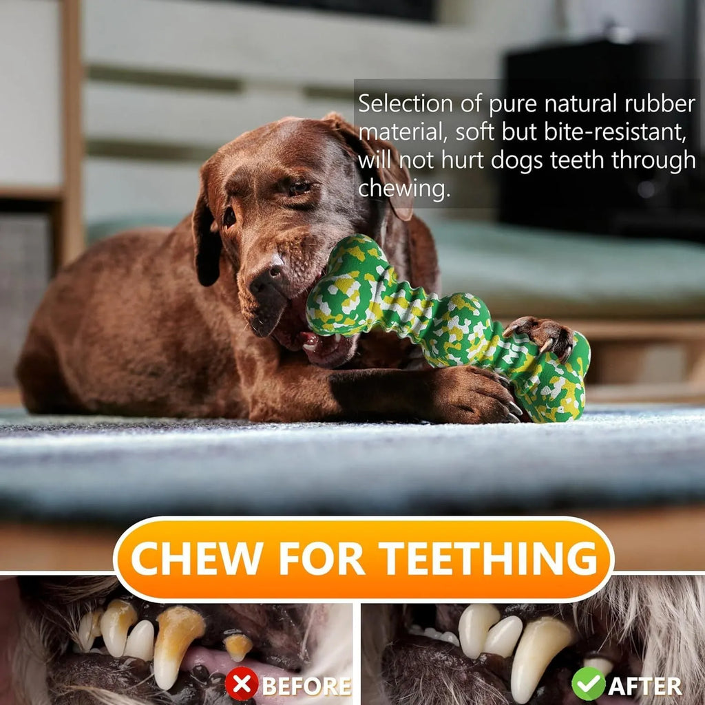 Green and white camouflage pattern natural rubber bone chew toy for large dogs on a wooden floor.