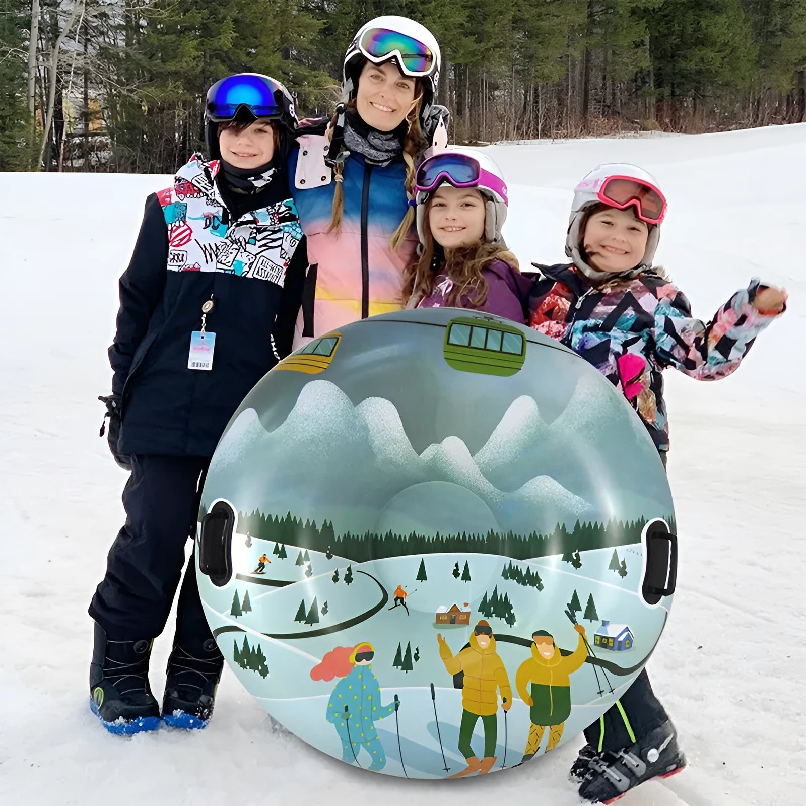 Outdoor winter PVC skiing ring with printed design in snow mountain pattern
