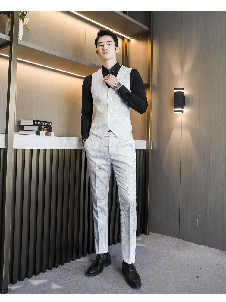 Men's slim fit three-piece wedding suit set in white and black with embossed fabric, jacket, vest, and trousers