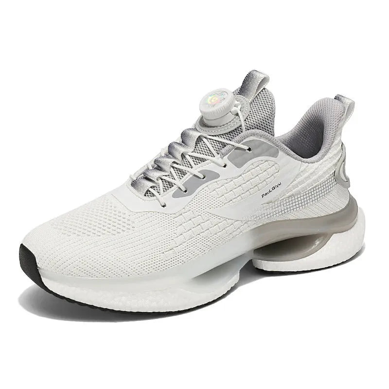 Low-top running shoes with rotating buckle closure in fly-knit mesh construction