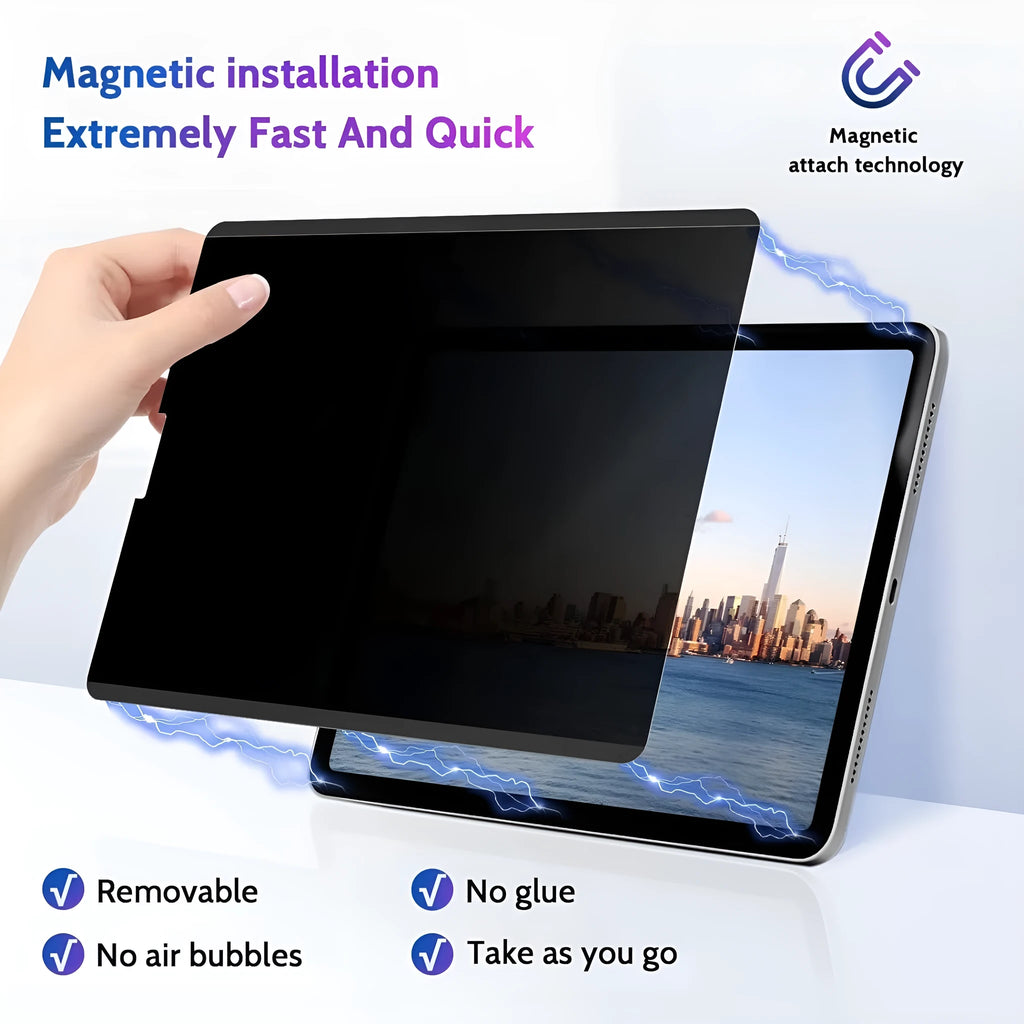 Magnetic suction iPad privacy screen protector with paper-like texture and storage clip on an iPad.