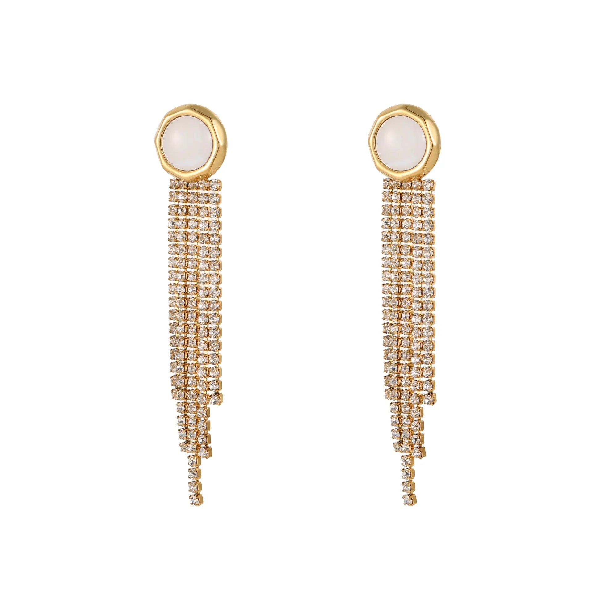 Women's stainless steel earrings with diamond tassel designs in heart, star and geometric shapes with 18K electroplated finish