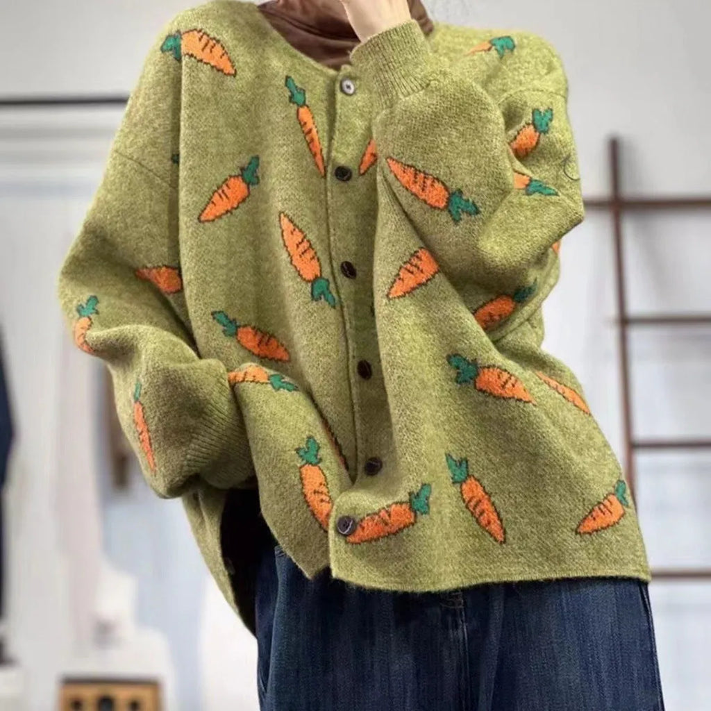 Round neck cardigan with Mori artistic printing colour contrast design in viscose fibre fabric